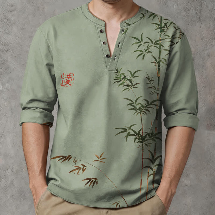 Buddha Stones Cotton Eastern Bamboo Seal Pattern V-Neck Buttons Men's Long Sleeve Shirts - DarkSeaGreen - US/UK/AU48，EU58 (4XL) - image 7