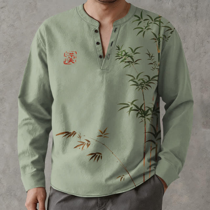 Buddha Stones Cotton Eastern Bamboo Seal Pattern V-Neck Buttons Men's Long Sleeve Shirts - image 8