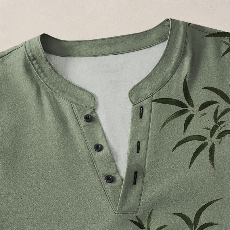 Buddha Stones Cotton Eastern Bamboo Seal Pattern V-Neck Buttons Men's Long Sleeve Shirts - image 11