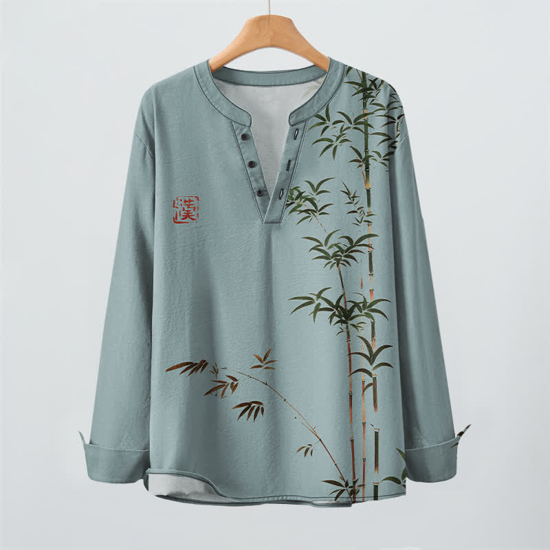 Buddha Stones Cotton Eastern Bamboo Seal Pattern V-Neck Buttons Men's Long Sleeve Shirts - image 16