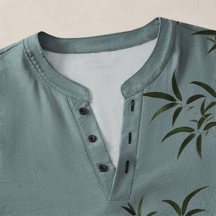 Buddha Stones Cotton Eastern Bamboo Seal Pattern V-Neck Buttons Men's Long Sleeve Shirts - image 18