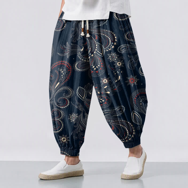 Buddha Stones Pure Cotton Ethnic Floral Paisley Pattern Drawstring Men's Harem Pants With Pockets - Navy - US/UK/AU50，EU60 (5XL) - image 0