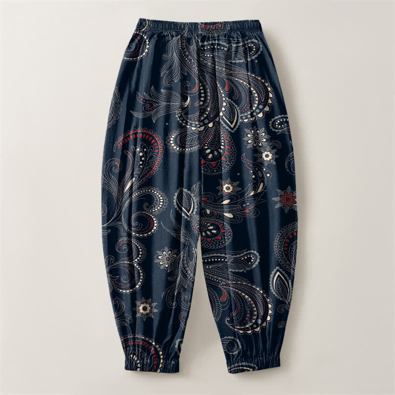 Buddha Stones Pure Cotton Ethnic Floral Paisley Pattern Drawstring Men's Harem Pants With Pockets - image 2