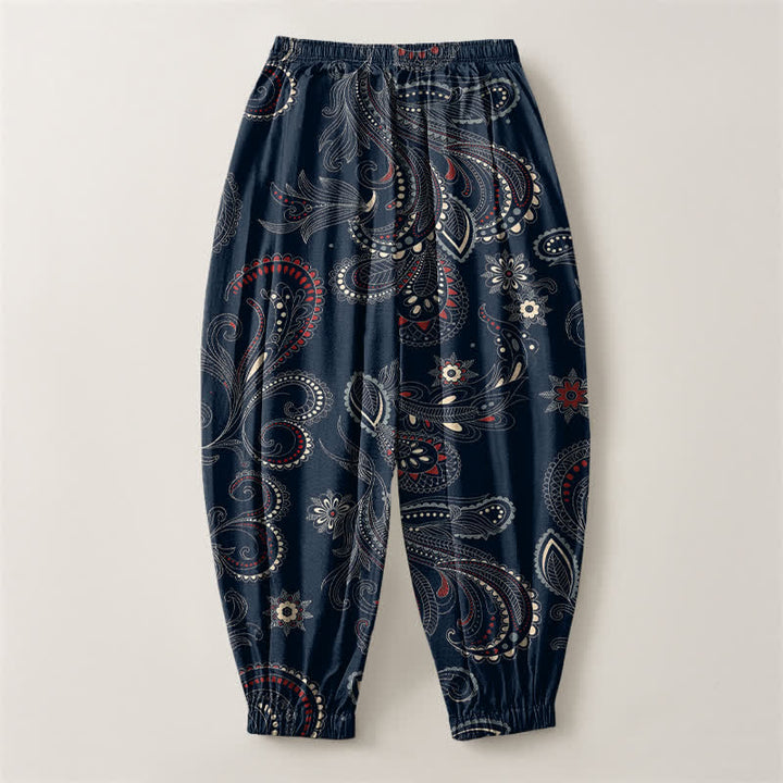 Buddha Stones Pure Cotton Ethnic Floral Paisley Pattern Drawstring Men's Harem Pants With Pockets - image 2