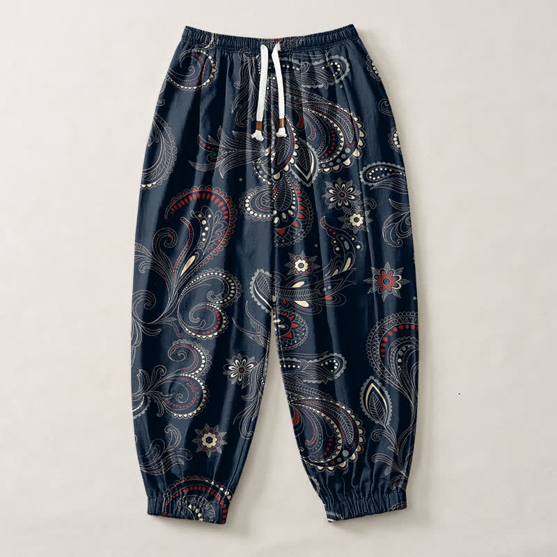 Buddha Stones Pure Cotton Ethnic Floral Paisley Pattern Drawstring Men's Harem Pants With Pockets - image 1