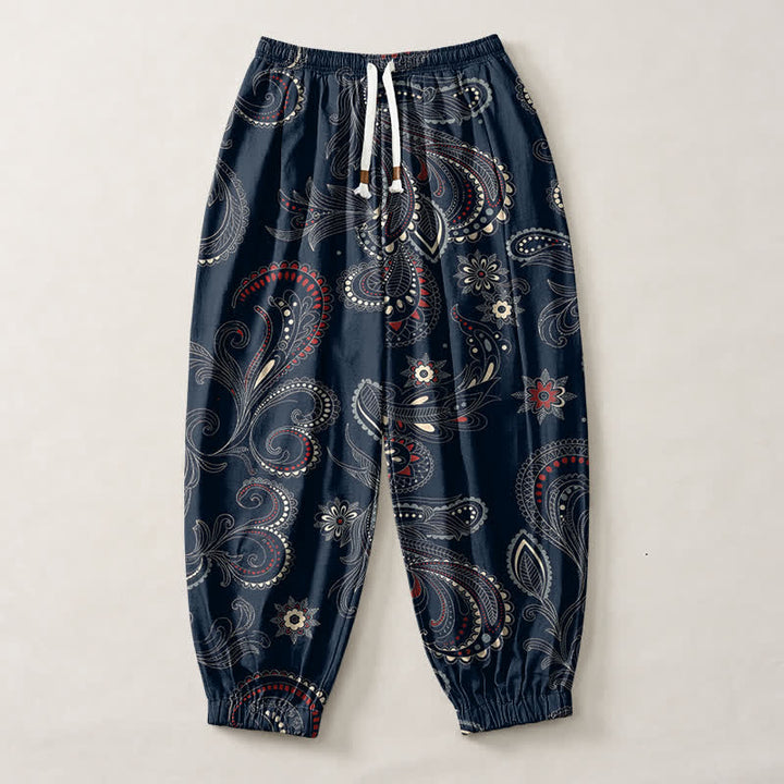 Buddha Stones Pure Cotton Ethnic Floral Paisley Pattern Drawstring Men's Harem Pants With Pockets - image 1