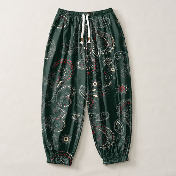 Buddha Stones Pure Cotton Ethnic Floral Paisley Pattern Drawstring Men's Harem Pants With Pockets - image 7