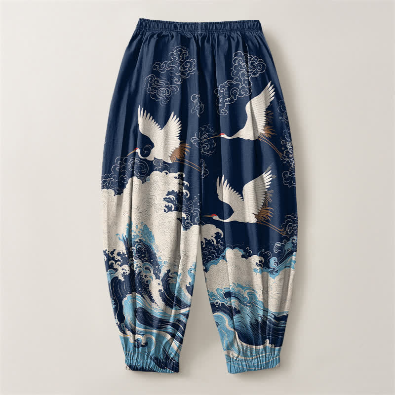 Buddha Stones Pure Cotton White Crane Wave Pattern Drawstring Men's Harem Pants With Pockets - image 2