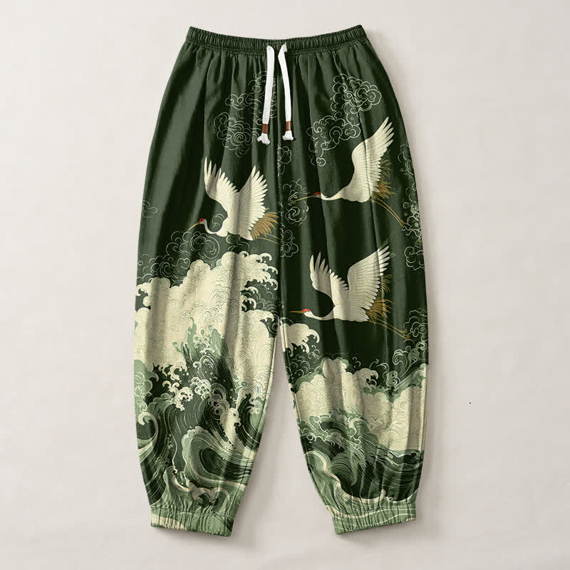 Buddha Stones Pure Cotton White Crane Wave Pattern Drawstring Men's Harem Pants With Pockets - image 7