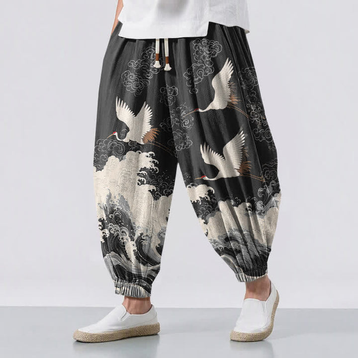 Buddha Stones Pure Cotton White Crane Wave Pattern Drawstring Men's Harem Pants With Pockets - Black - US/UK/AU50，EU60 (5XL) - image 12