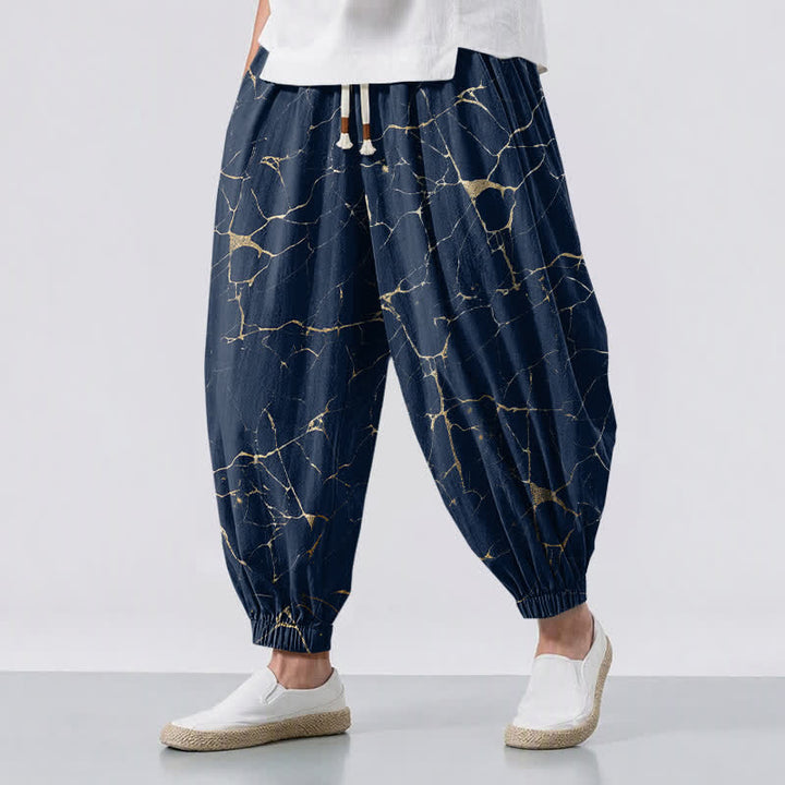 Buddha Stones Pure Cotton Boho Marble Streak Pattern Drawstring Men's Harem Pants With Pockets - Navy - US/UK/AU50，EU60 (5XL) - image 6