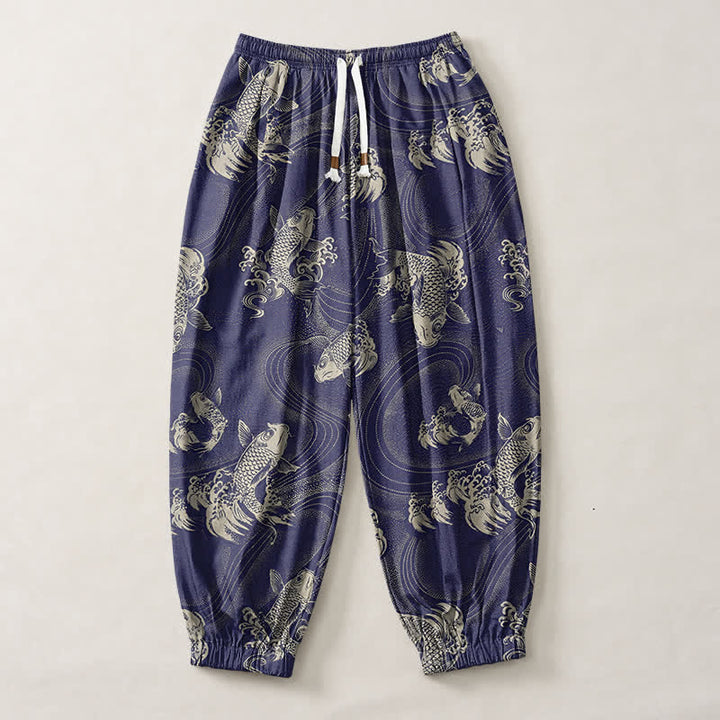 Buddha Stones Pure Cotton Koi Ripple Pattern Drawstring Men's Harem Pants With Pockets - image 1