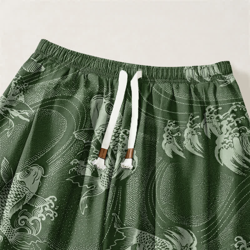 Buddha Stones Pure Cotton Koi Ripple Pattern Drawstring Men's Harem Pants With Pockets - image 9
