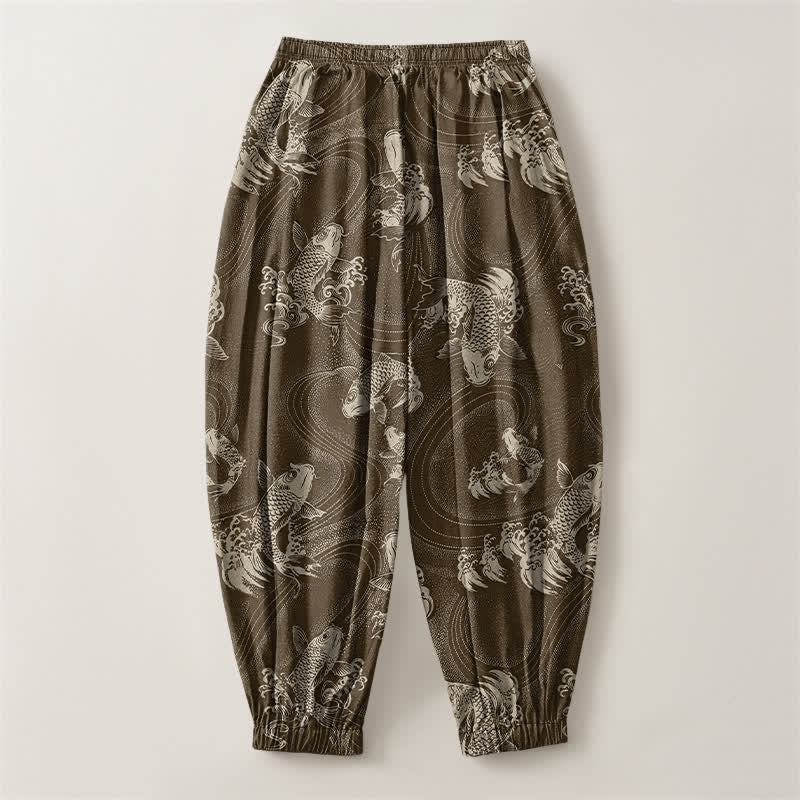 Buddha Stones Pure Cotton Koi Ripple Pattern Drawstring Men's Harem Pants With Pockets - image 14