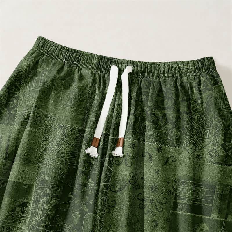 Buddha Stones Pure Cotton Shadow Paisley Pattern Drawstring Men's Harem Pants With Pockets - image 15