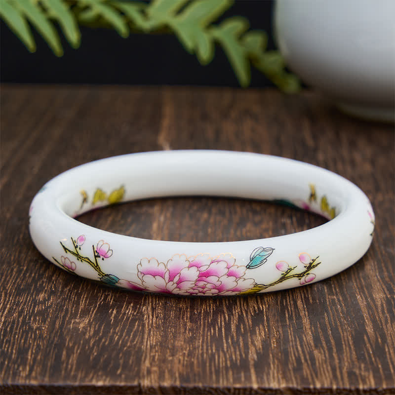 Buddha Stones Ceramic Elegant Peony Purity Hand-Painted Bracelet Bangle - Round - image 6