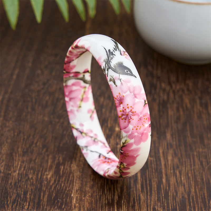 Buddha Stones Ceramic Hand-Painted Magpie Flowers Elegance Bracelet Bangle - image 7