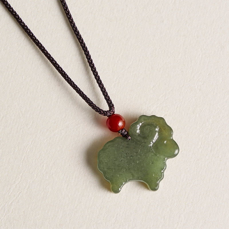 Buddha Stones Green Hetian Jade Chinese Zodiac Goat Pendant Necklace - image 1