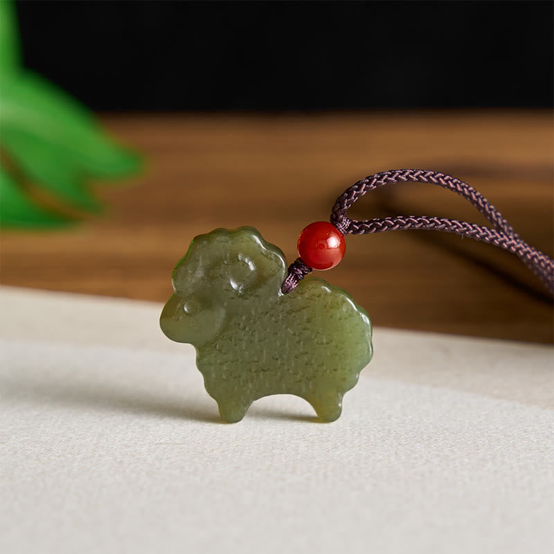 Buddha Stones Green Hetian Jade Chinese Zodiac Goat Pendant Necklace - image 2