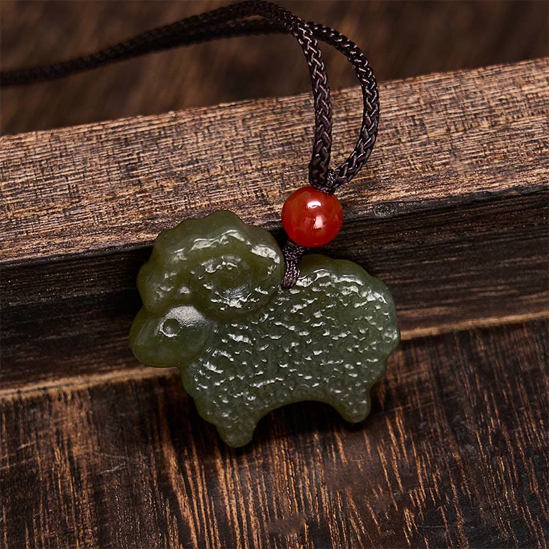 Buddha Stones Green Hetian Jade Chinese Zodiac Goat Pendant Necklace - image 7