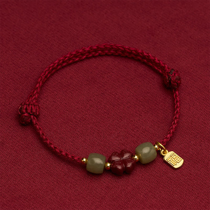 Buddha Stones Cinnabar Fu Character Four-leaf Clover Red String Luck Bracelet - image 4