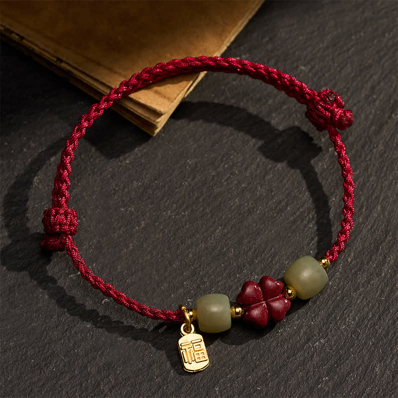 Buddha Stones Cinnabar Fu Character Four-leaf Clover Red String Luck Bracelet - image 3