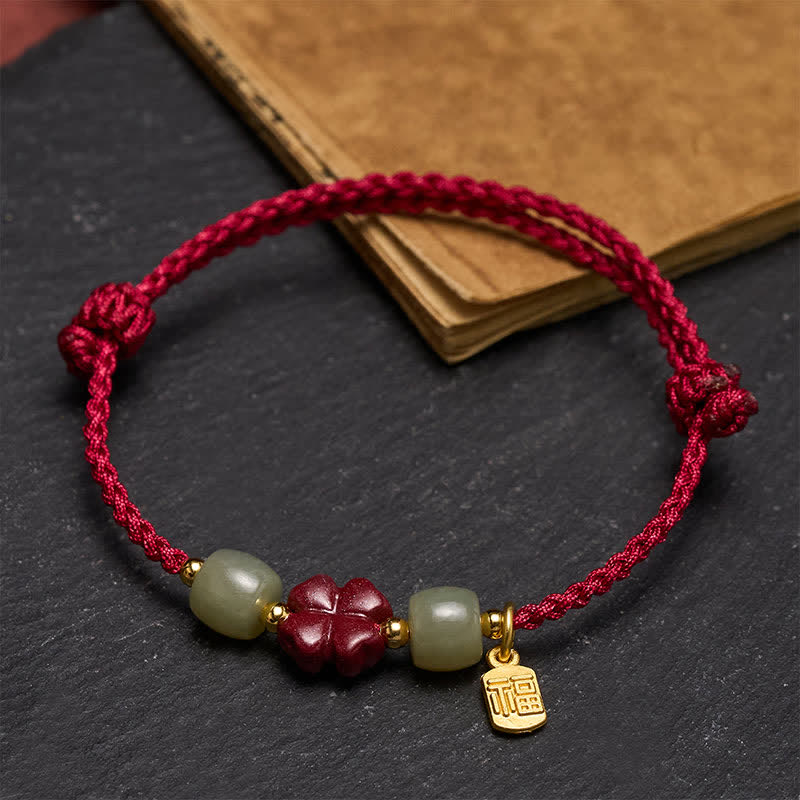 Buddha Stones Cinnabar Fu Character Four-leaf Clover Red String Luck Bracelet - image 2