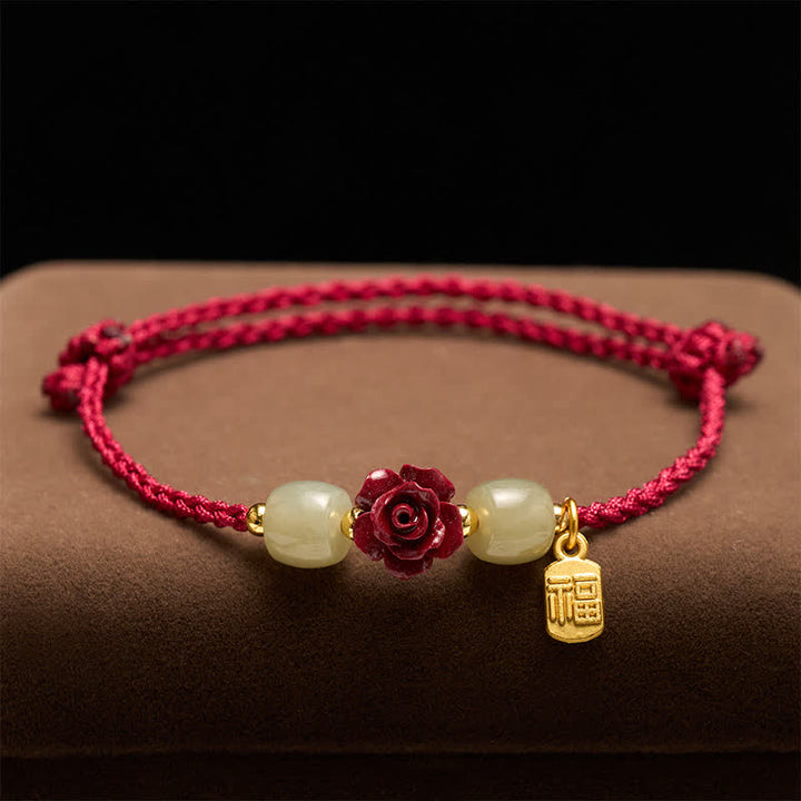 Buddha Stones Cinnabar Fu Character Rose Red String Blessing Bracelet - image 1