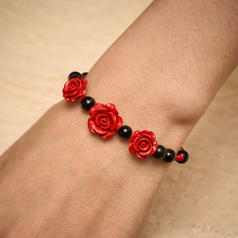 Buddha Stones Cinnabar Rose Black Onyx Red String Concentration Bracelet - image 5