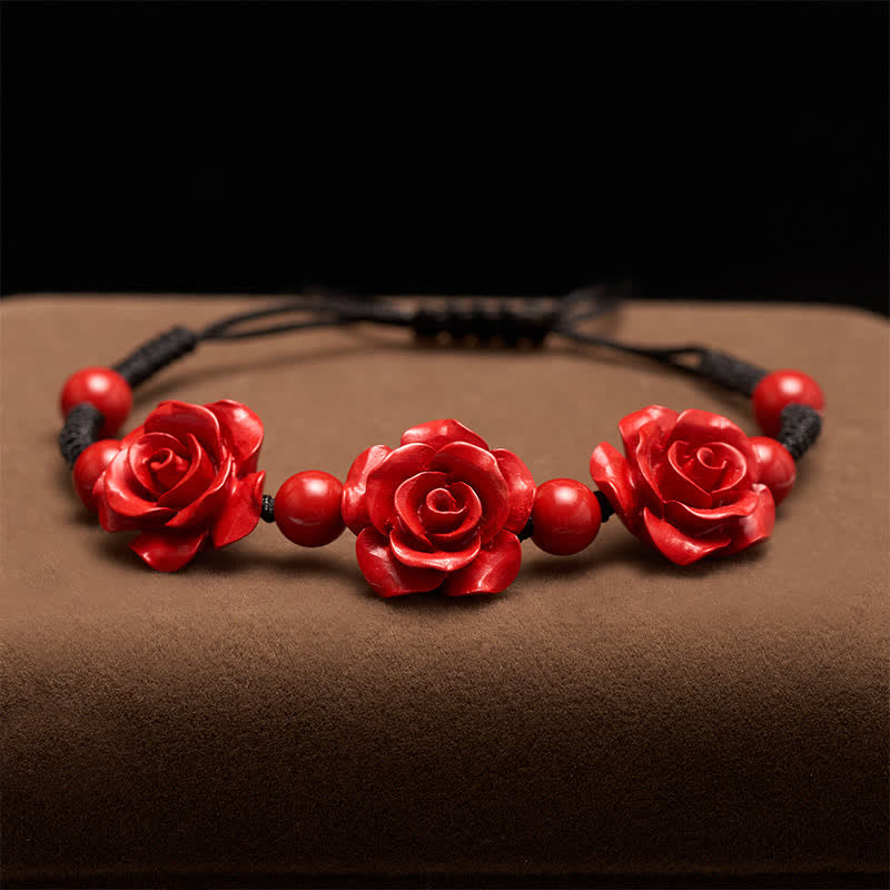 Buddha Stones Cinnabar Three Roses Black String Blessing Bracelet - image 1