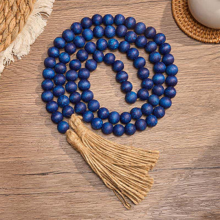 Buddha Stones Blue Rustic Wooden Bead Tassel Garland Mindful Living Decor - Wood - image 0