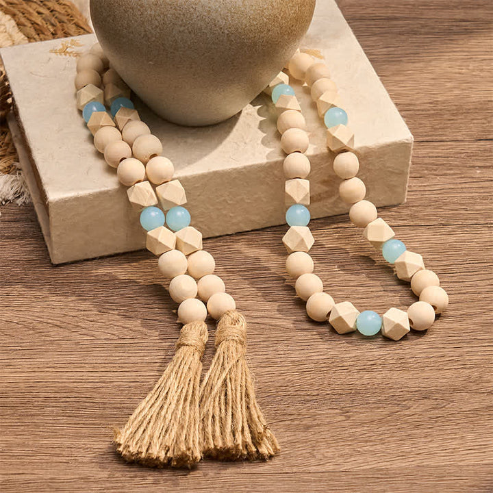 Buddha Stones Faceted Wood Beads Double Tassel Hanging Mindful Living Decor - image 1