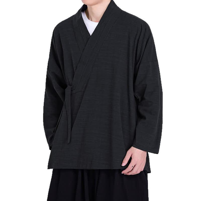 Buddha Stones Spring Fall Minimalist Tang Style Drawstring Solid Men's Kimono - Black - US/UK/AU46, EU56 (5XL) - image 6