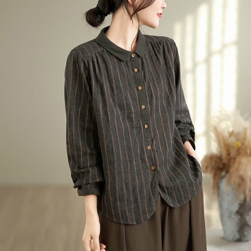 Buddha Stones Fall Casual Vintage Button-Up Striped Women's Long Sleeve Shirts - image 14