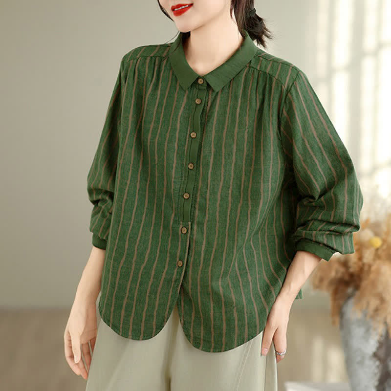 Buddha Stones Fall Casual Vintage Button-Up Striped Women's Long Sleeve Shirts - ForestGreen - US12, UK/AU16, EU44 (3XL) - image 8