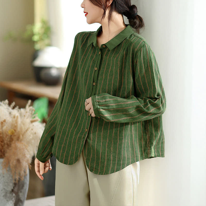 Buddha Stones Fall Casual Vintage Button-Up Striped Women's Long Sleeve Shirts - image 10