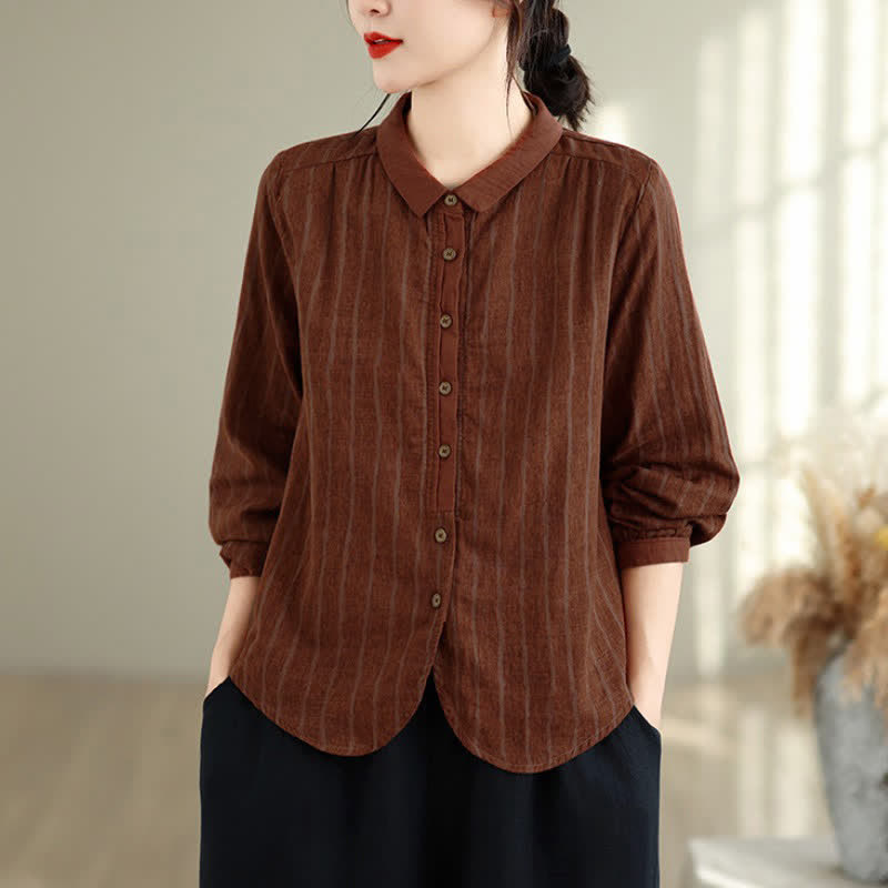 Buddha Stones Fall Casual Vintage Button-Up Striped Women's Long Sleeve Shirts - image 1