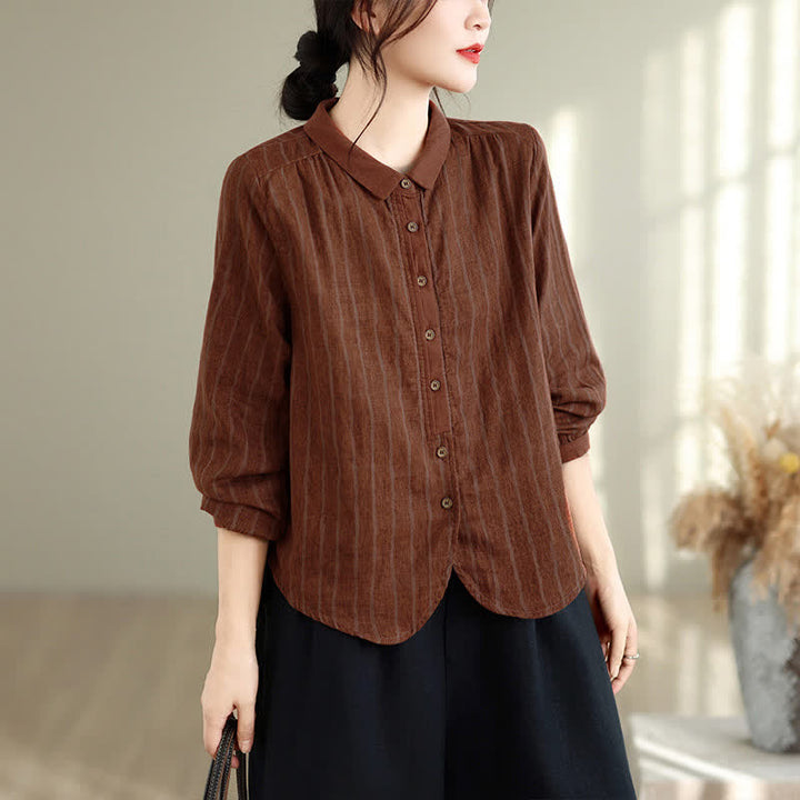 Buddha Stones Fall Casual Vintage Button-Up Striped Women's Long Sleeve Shirts - image 2