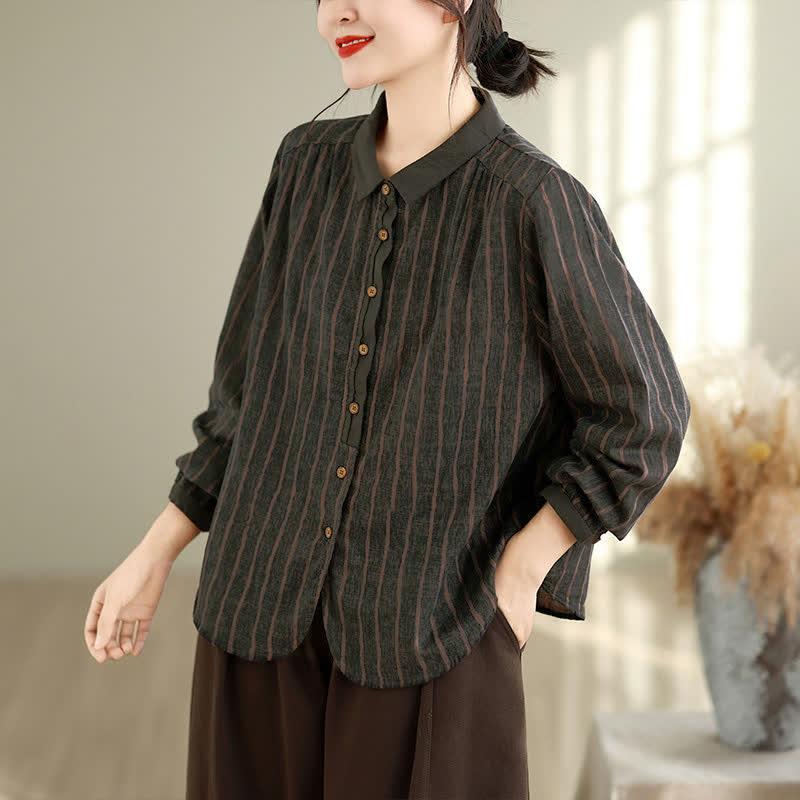 Buddha Stones Fall Casual Vintage Button-Up Striped Women's Long Sleeve Shirts - DimGray - US12, UK/AU16, EU44 (3XL) - image 13
