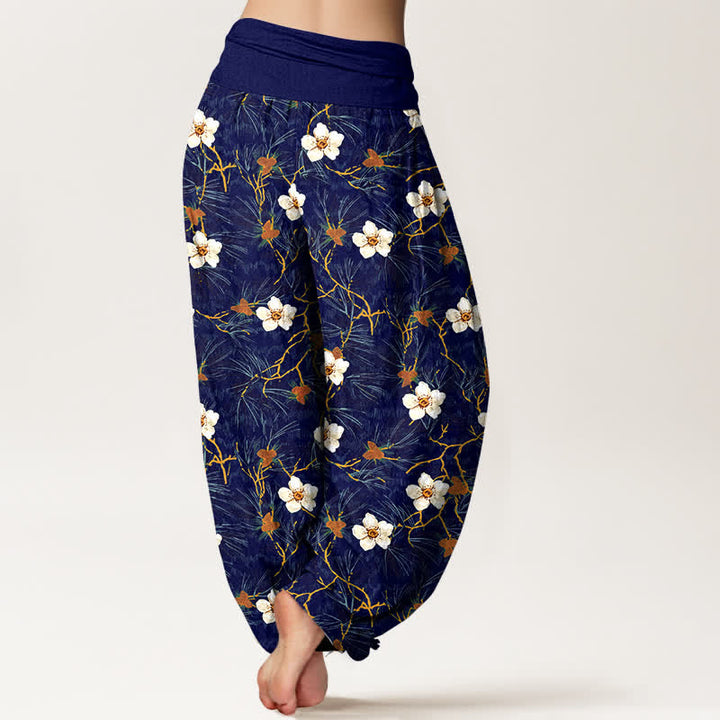 Buddha Stones Cotton White Blossom Vine Pattern Women's Elastic Waist Harem Pants - image 7