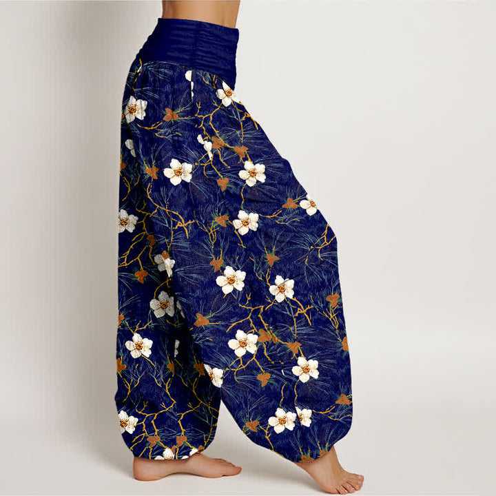 Buddha Stones Cotton White Blossom Vine Pattern Women's Elastic Waist Harem Pants - image 6