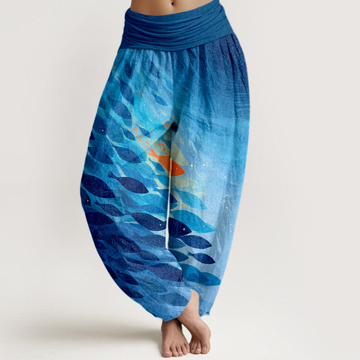 Buddha Stones Cotton Ocean Fish Pattern Women's Elastic Waist Harem Pants - DodgerBlue - US16，UK/AU20，EU48 (3XL) - image 0