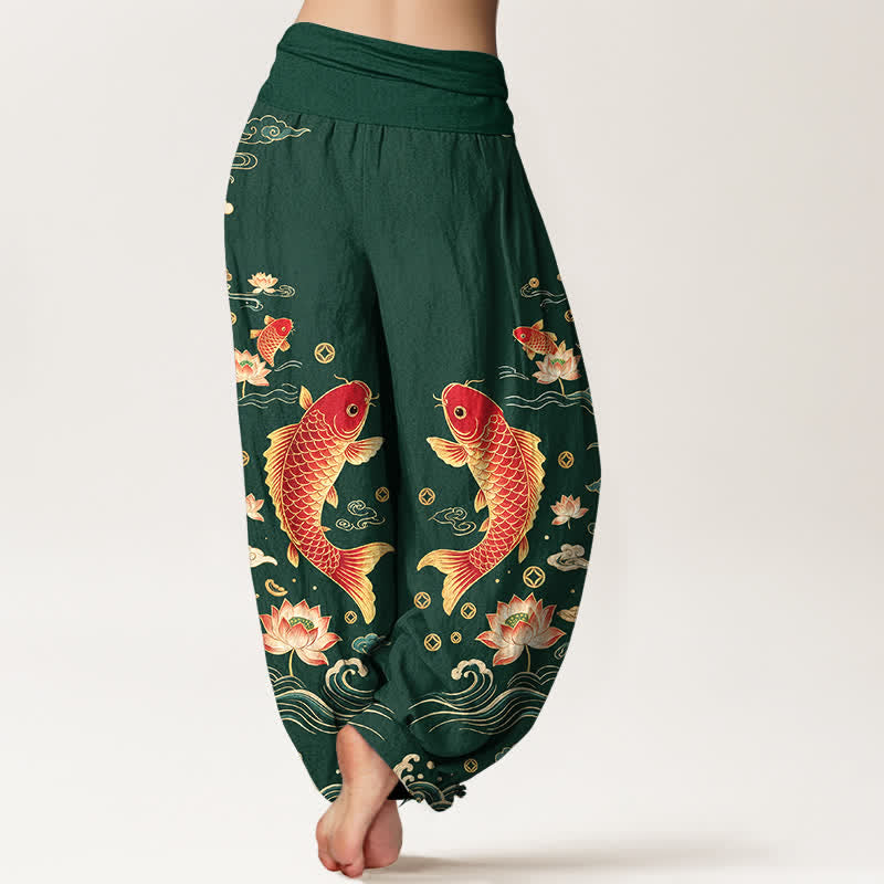 Buddha Stones Cotton Auspicious Koi Lotus Pattern Women's Elastic Waist Harem Pants - image 7
