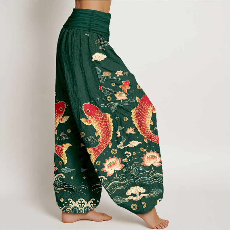 Buddha Stones Cotton Auspicious Koi Lotus Pattern Women's Elastic Waist Harem Pants - image 6