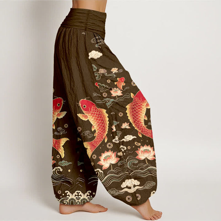Buddha Stones Cotton Auspicious Koi Lotus Pattern Women's Elastic Waist Harem Pants - image 9