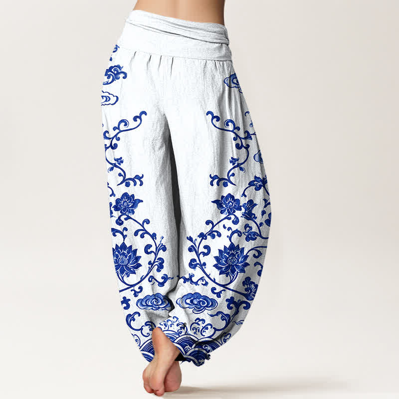 Buddha Stones Cotton Lotus Scroll Pattern Women's Elastic Waist Harem Pants - image 2
