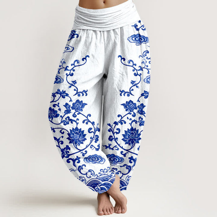 Buddha Stones Cotton Lotus Scroll Pattern Women's Elastic Waist Harem Pants - White - US16，UK/AU20，EU48 (3XL) - image 0