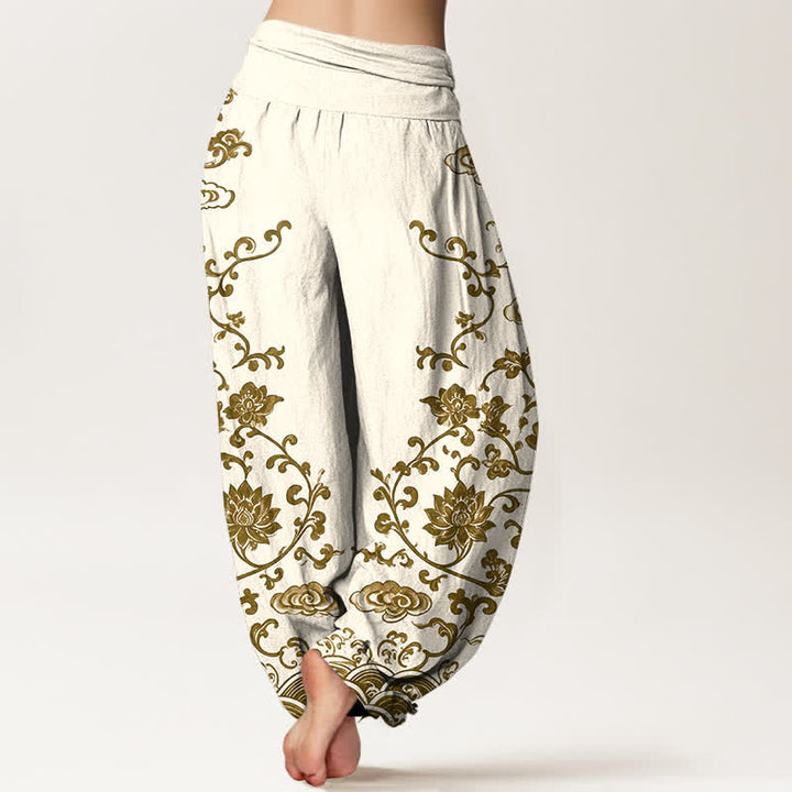 Buddha Stones Cotton Lotus Scroll Pattern Women's Elastic Waist Harem Pants - image 7