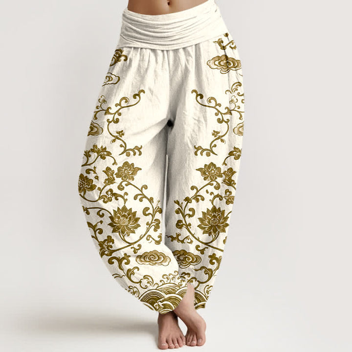 Buddha Stones Cotton Lotus Scroll Pattern Women's Elastic Waist Harem Pants - Beige - US16，UK/AU20，EU48 (3XL) - image 5