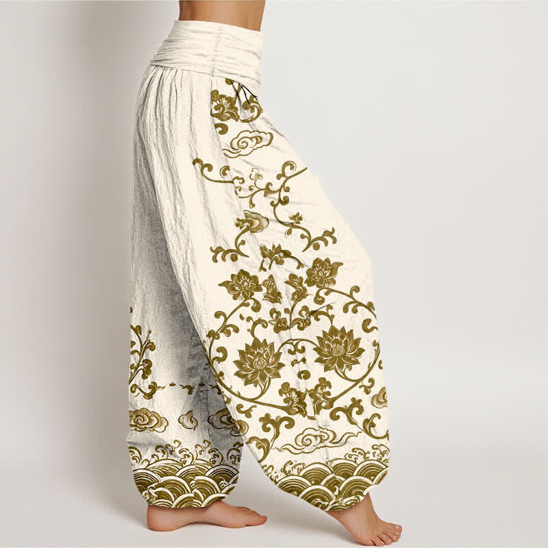 Buddha Stones Cotton Lotus Scroll Pattern Women's Elastic Waist Harem Pants - image 6
